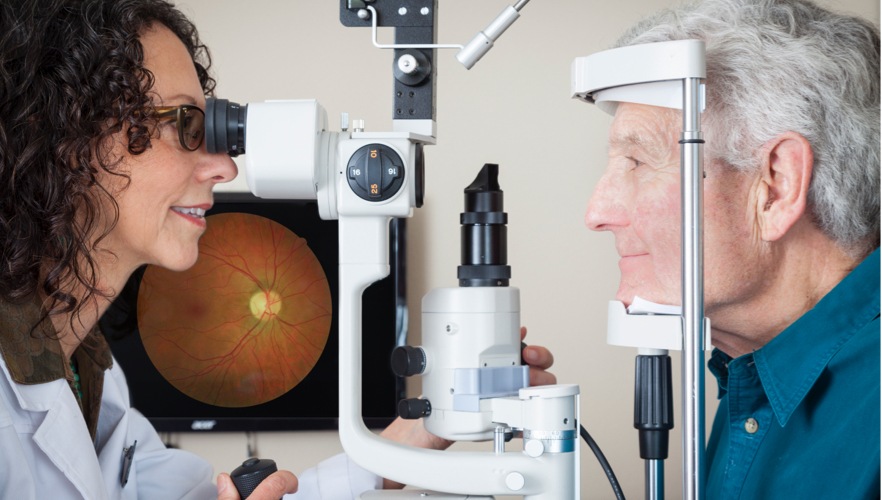 a patient receiving an eye exam